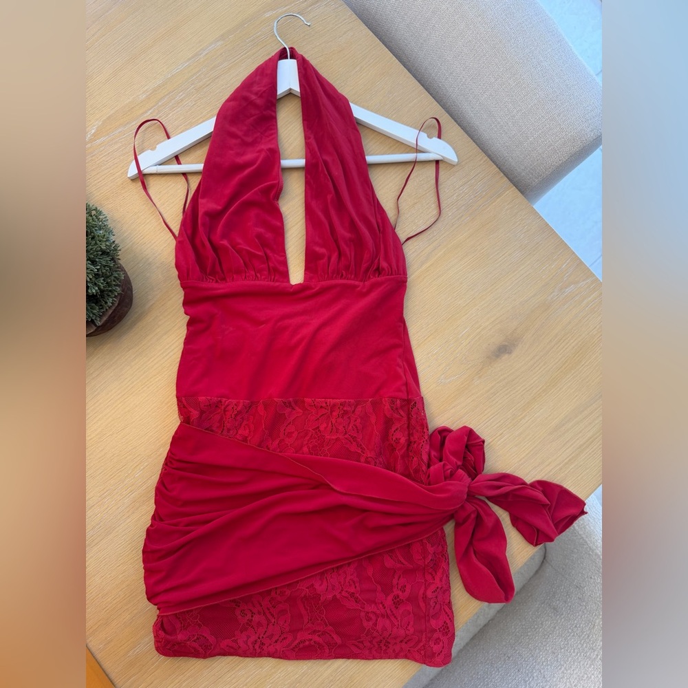 Hello Molly Red Mini Dress with Halter Neck & Side Tie